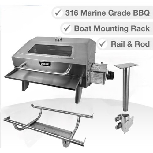 Marine BBQ COMPLETE KIT w Rail n Rod Holder Mounts Plus BAG and COVER - Portable Marine 316 SS BBQ KIT